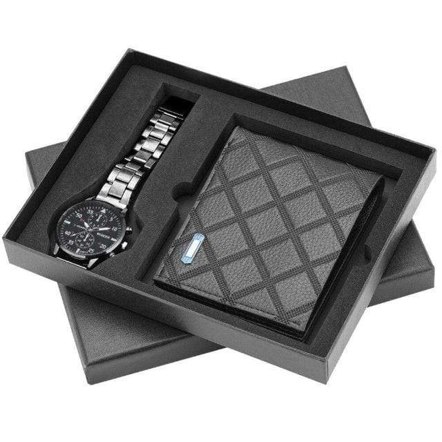 showroomcadeau coffret cadeau Noir1 Montres quartz bracelet en acier inoxydable portefeuille en cuir