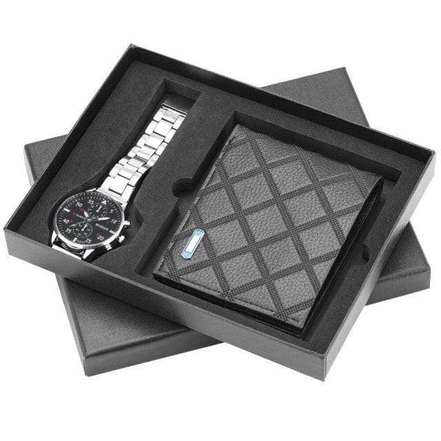showroomcadeau coffret cadeau Noir2 Montres quartz bracelet en acier inoxydable portefeuille en cuir