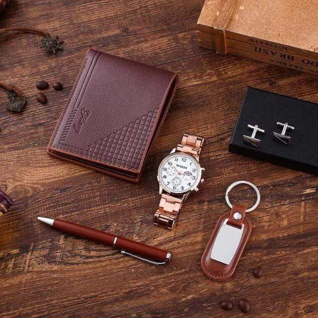 showroomcadeau montre-Bracelet Montre en cuir portefeuille boutons de manchette stylo à bille porte-clés, coffret cadeau homme
